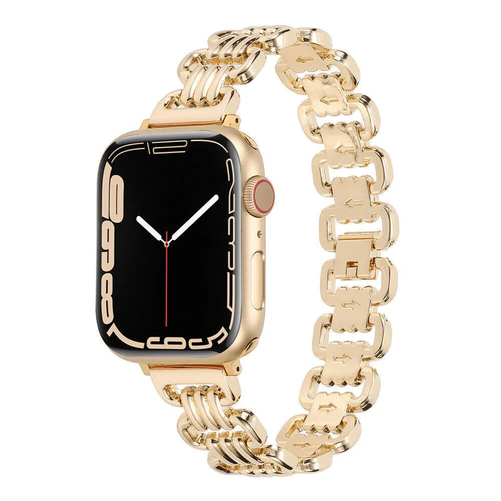 Silver alloy metal bracelet strap for Apple Watch on a grey background.