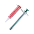 Two pet pill shooters with soft silicone tips, measuring 15cm and 11.5cm, for administering medication to cats and dogs
