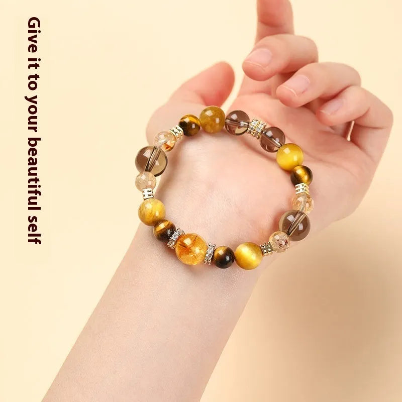 Yellow tower crystal tiger-eye bracelet with jinba geometric design in 10mm or 12mm size
