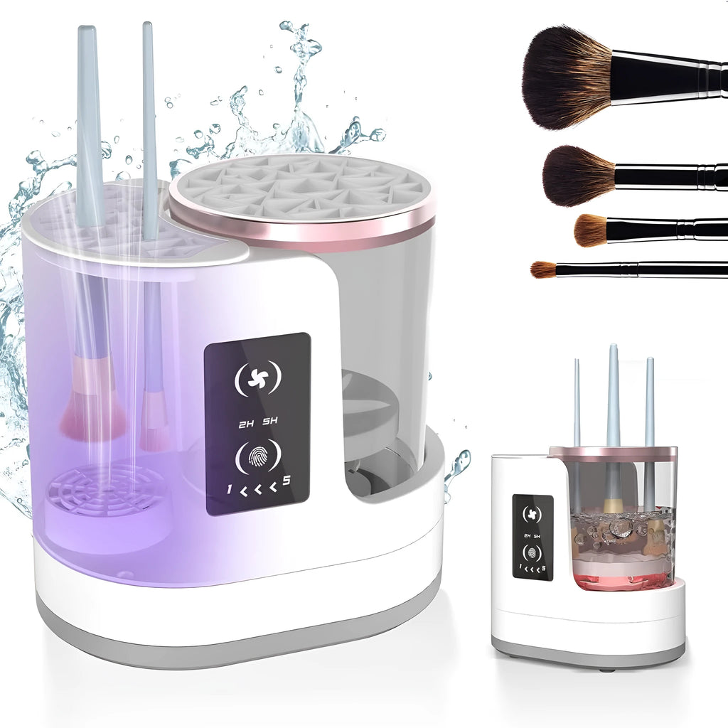 Automatic electric makeup brush cleaning device with drying chamber showing brushes in silicone cleaning bowl