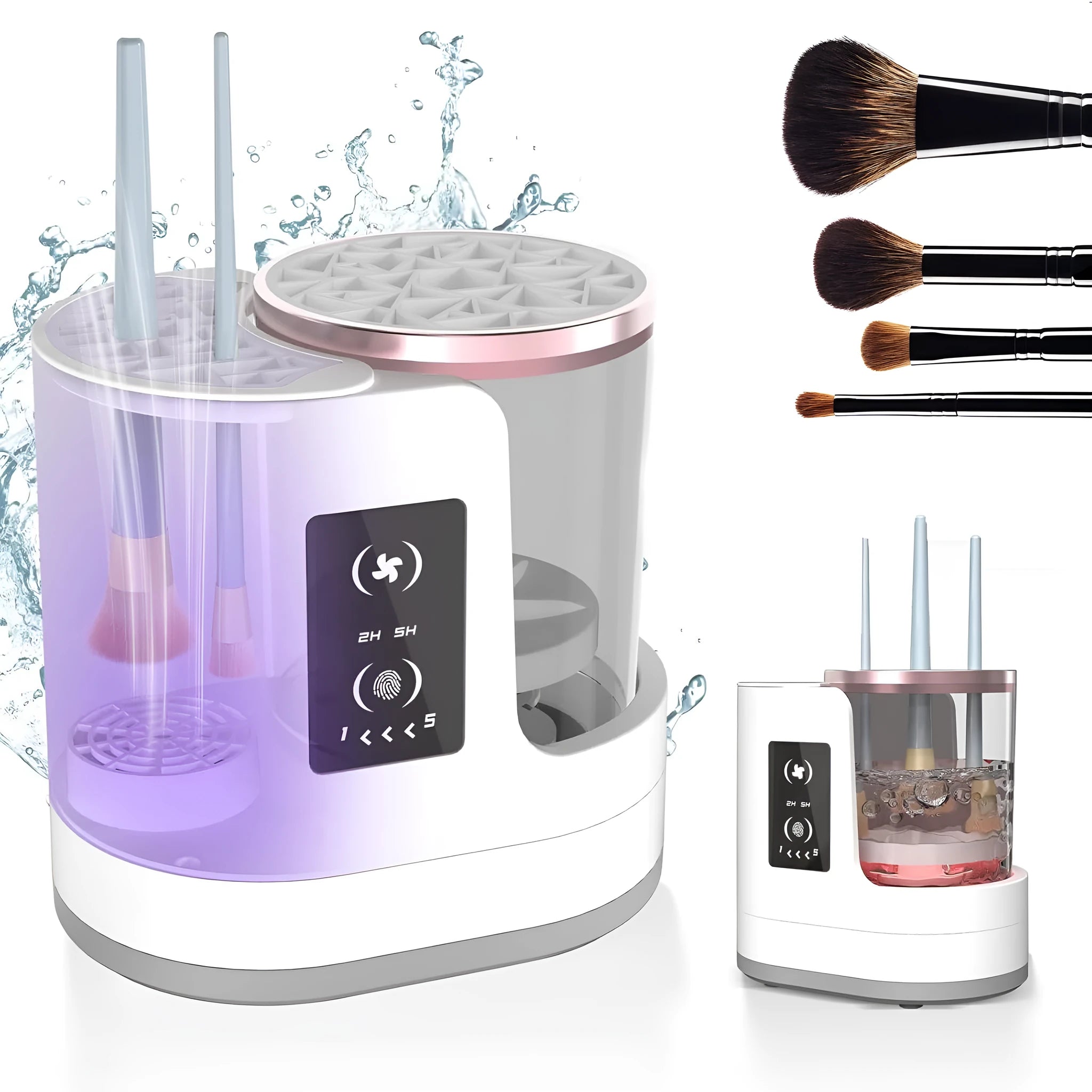 Automatic electric makeup brush cleaning device with drying chamber showing brushes in silicone cleaning bowl