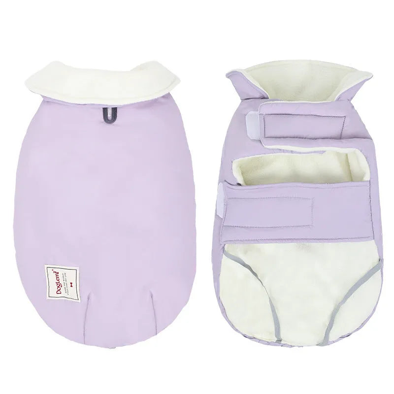 Dog wearing lapel turtleneck winter coat in cotton-padded polyester material