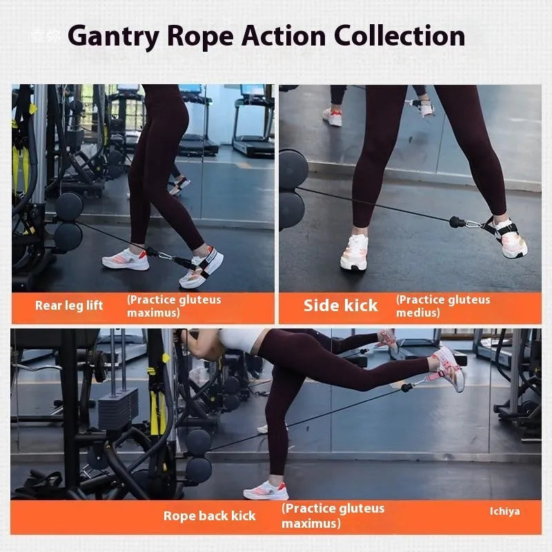 Black ankle buckle leg strength strap tension booties with gantry frame and suspender buckles for climbing.