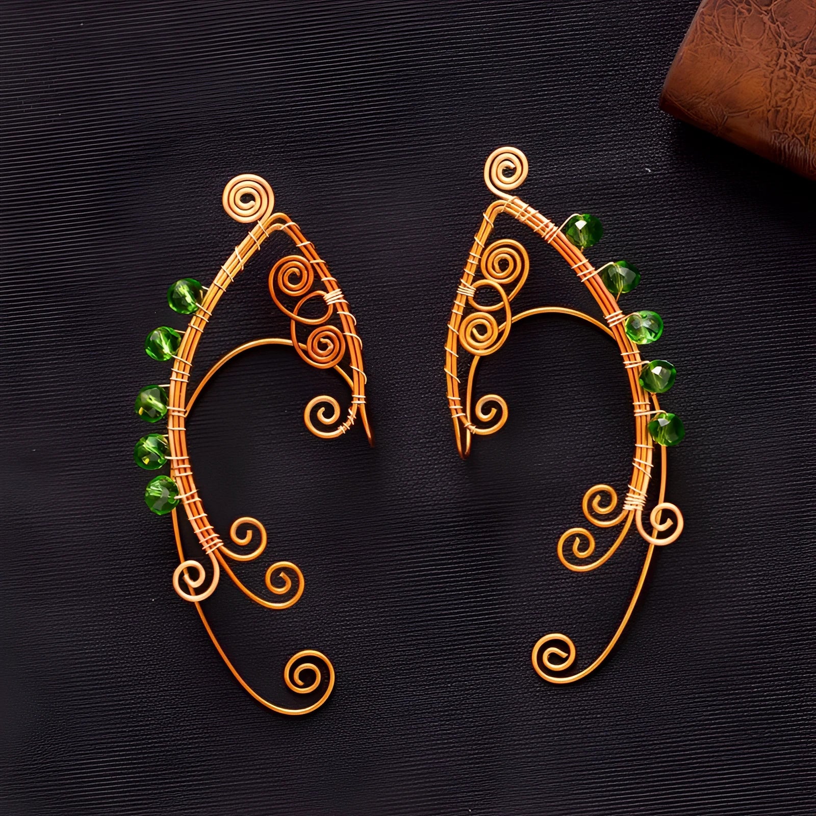 Copper elf ear loop earrings for women, electroplated vintage green geometric design