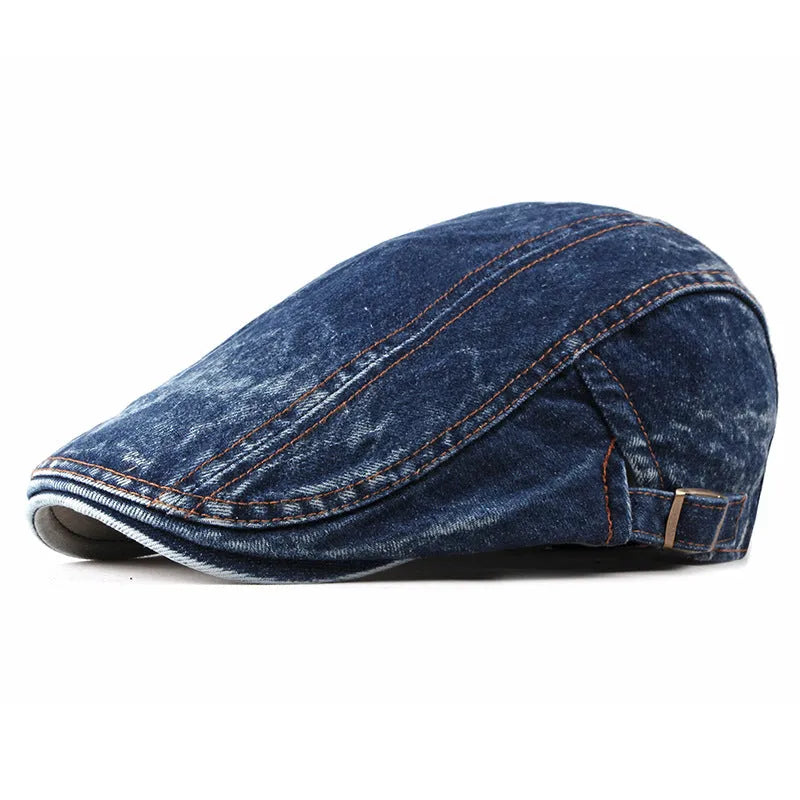Fashion wash denim beret in medium denim blue, flat top crown, curly brim, cotton tie dye