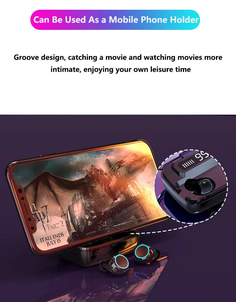 Black M11 Bluetooth wireless neckband headset with digital display and integrated mobile phone holder.