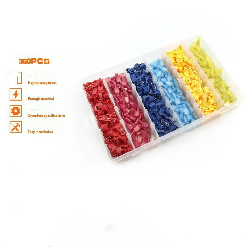 Quick connection box terminal set with red, blue, and yellow male spade and quick connectors in three sizes