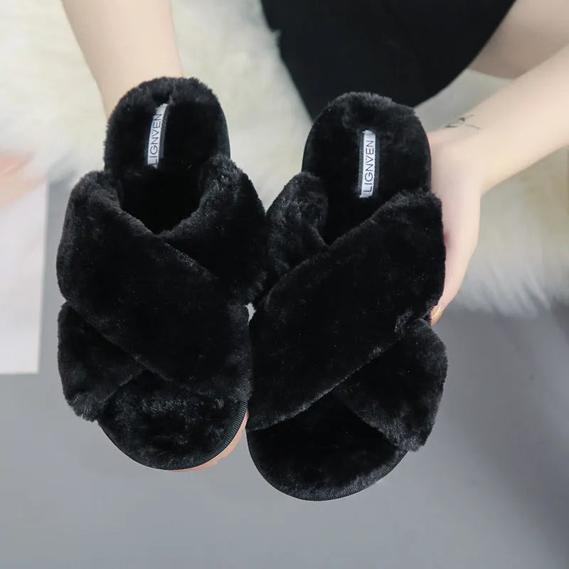 Women's cross open-toe fur slippers with patterned non-slip sole in multiple colour options
