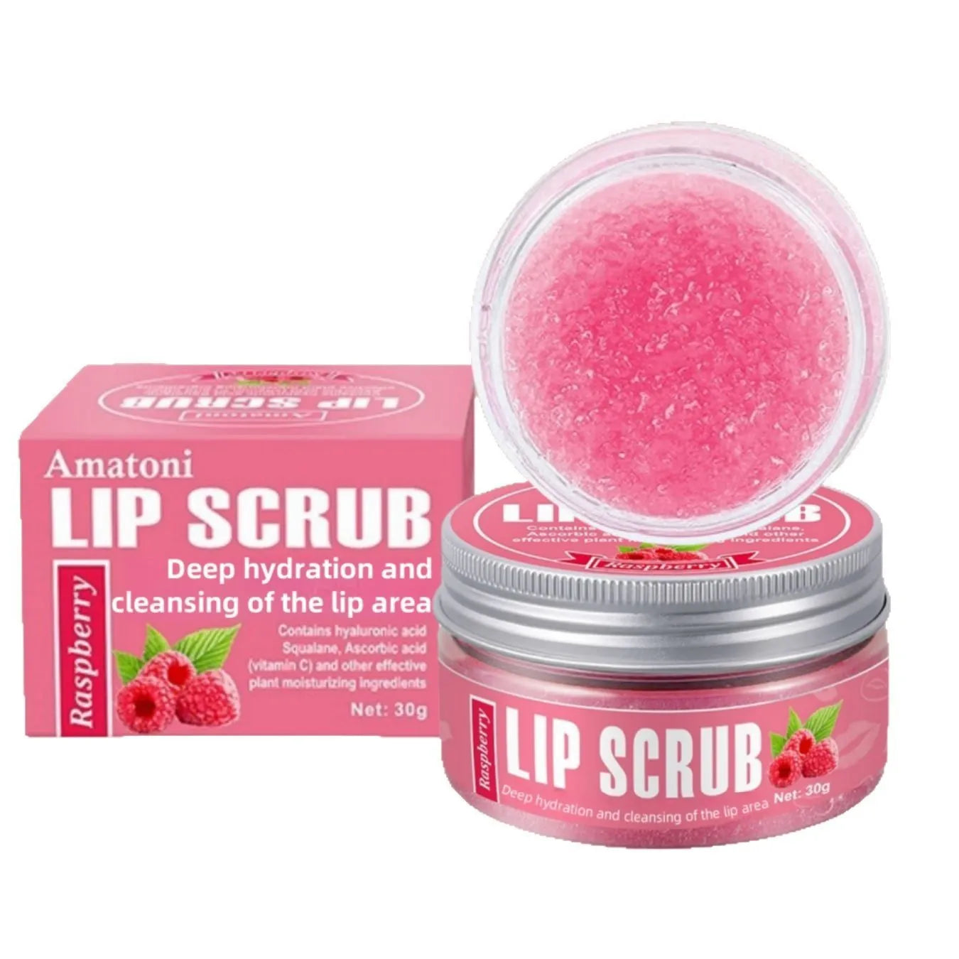 Amatoni fruit flavour lip scrub cream in 30g packaging for exfoliating and moisturising lips.