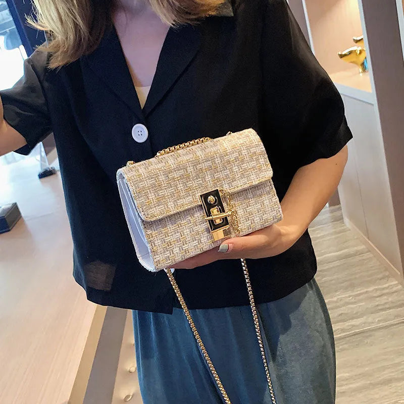 Foreign gas chain casual small square bag in advanced PU with shoulder strap, L size 8x12x17cm, black colour, front view