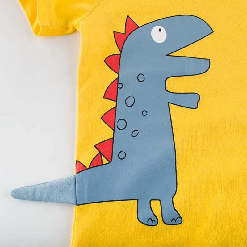 Blue dinosaur kids t-shirt with cartoon print and short sleeves for summer wear