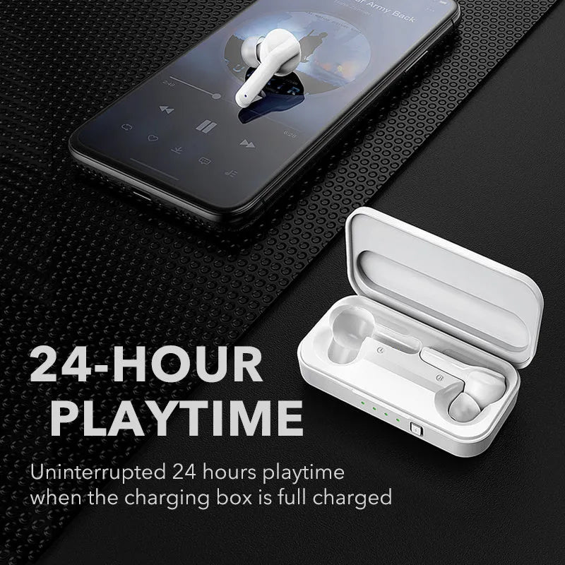 Black and white true wireless earbuds with charging case, showcasing compact plastic design for Bluetooth audio