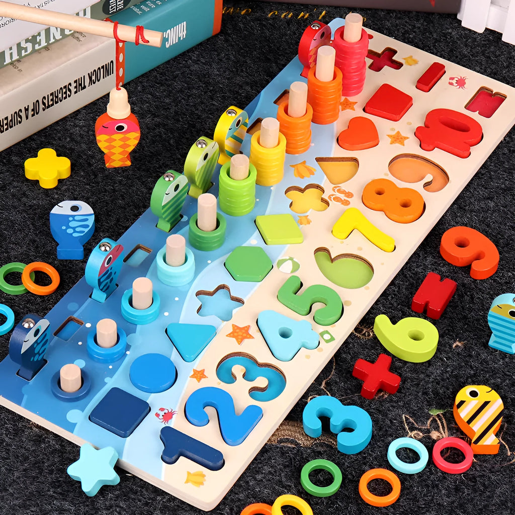 Wooden 3D alphabet and number puzzle board with colourful geometric pieces for toddlers