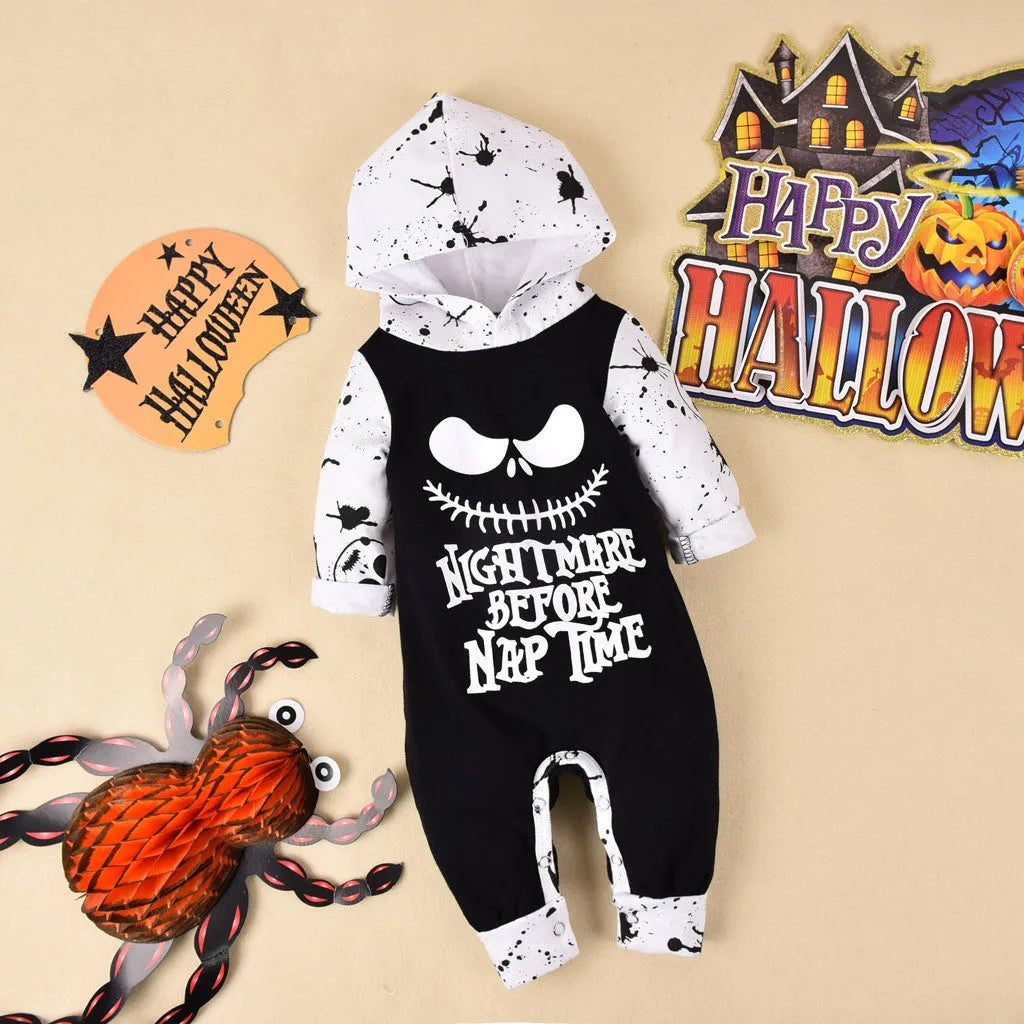 Black hooded Halloween cotton romper with long sleeves shown on a hanger.
