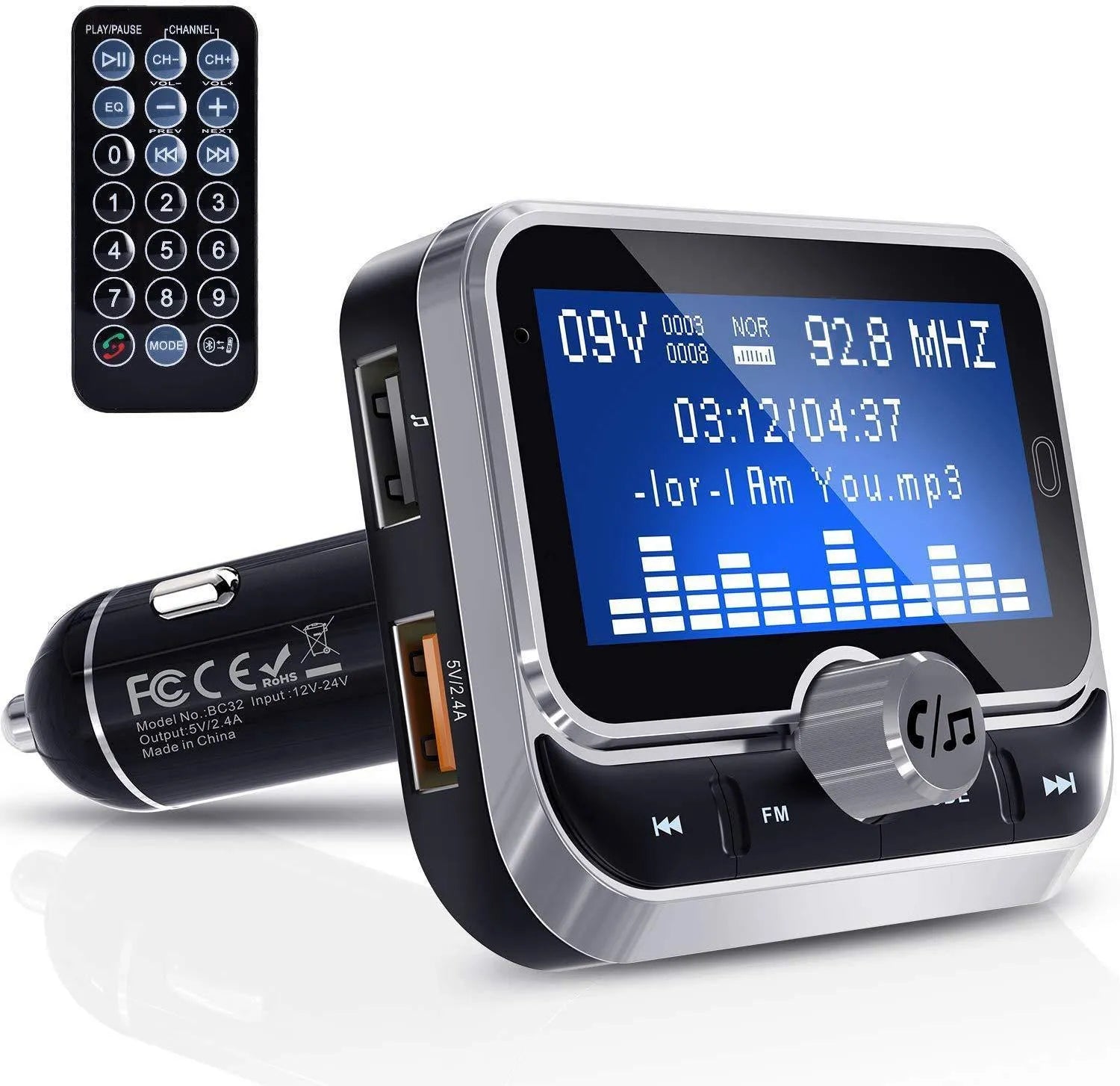 Silver car MP3 player with LCD display, Bluetooth, USB charging, and TF card slot