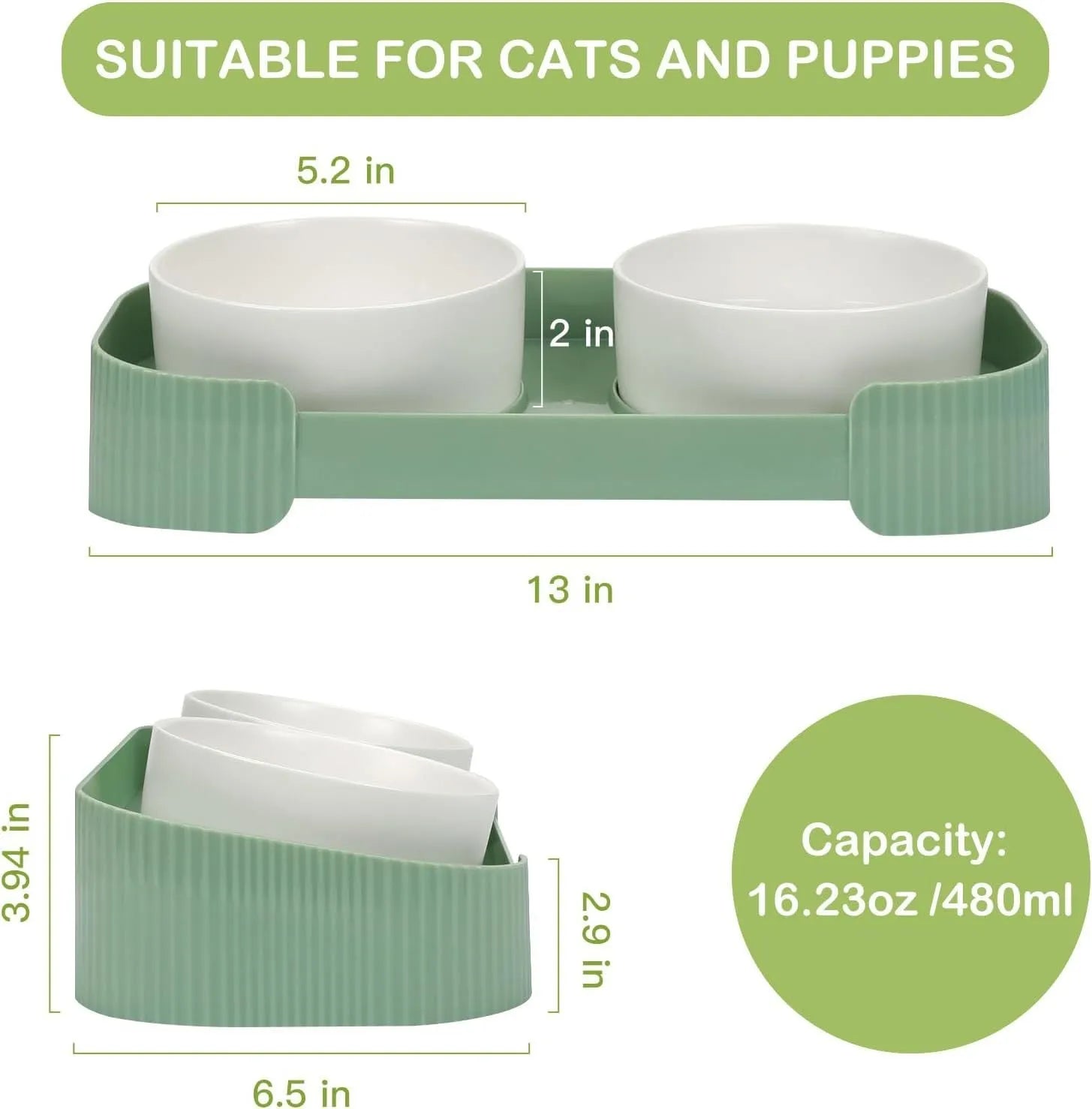 Green ceramic elevated cat feeder with two tilted bowls on a non-slip stand