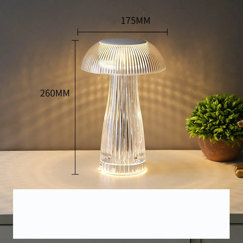 Creative crystal acrylic jellyfish table lamp with touch control and colour options on a desk
