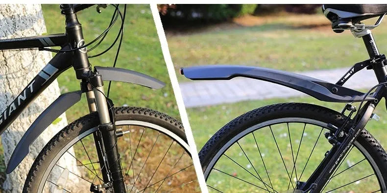 Mountain bike mudguard with quick-release mechanism and rear LED tail light on a bike front fork
