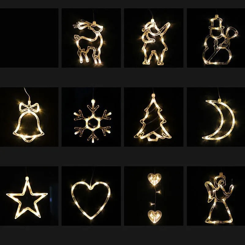 LED suction cup chandelier with Santa Claus, elk, and snowman shapes hanging on a window