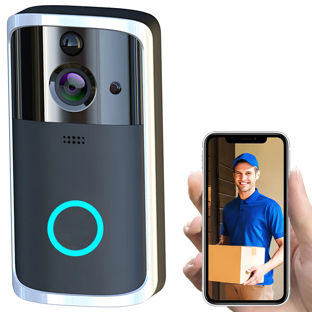 Black WiFi video doorbell camera with infrared night vision and two-way intercom against a white wall