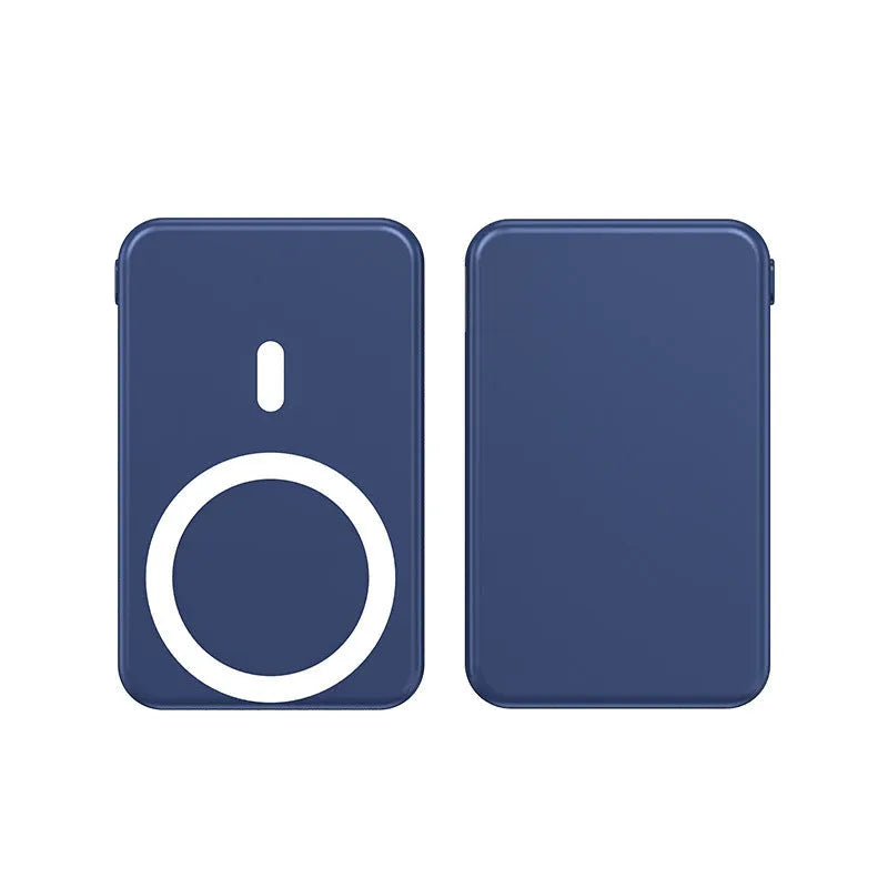 Ultra-thin portable power bank with magnetic wireless charging in black, blue, and white colour options
