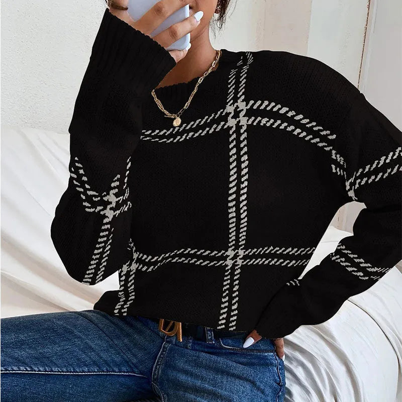 Women's casual plaid colour-block crew neck sweater in acrylic fabric on a hanger.