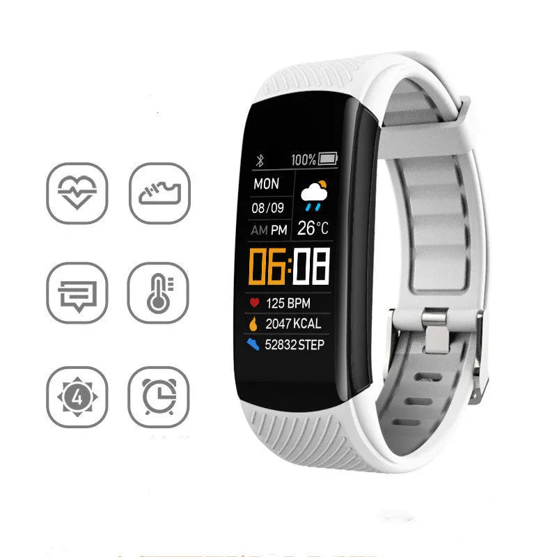 C5S model black waterproof smart fitness bracelet with 0.96-inch screen on a wrist.