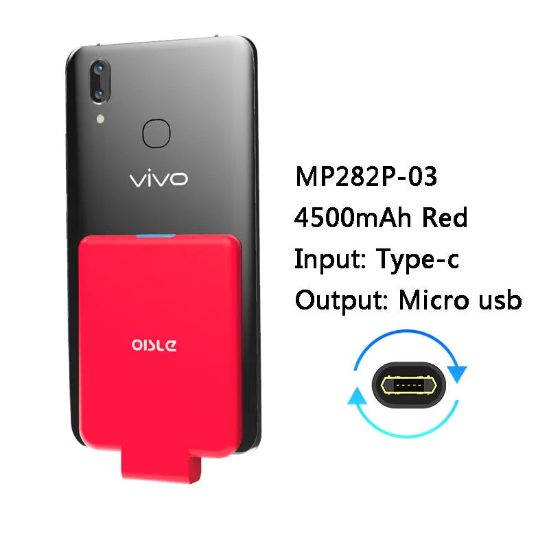 Slim 4500mAh back clip battery for iPhone Android Type-C phones in black, white, blue, pink, red