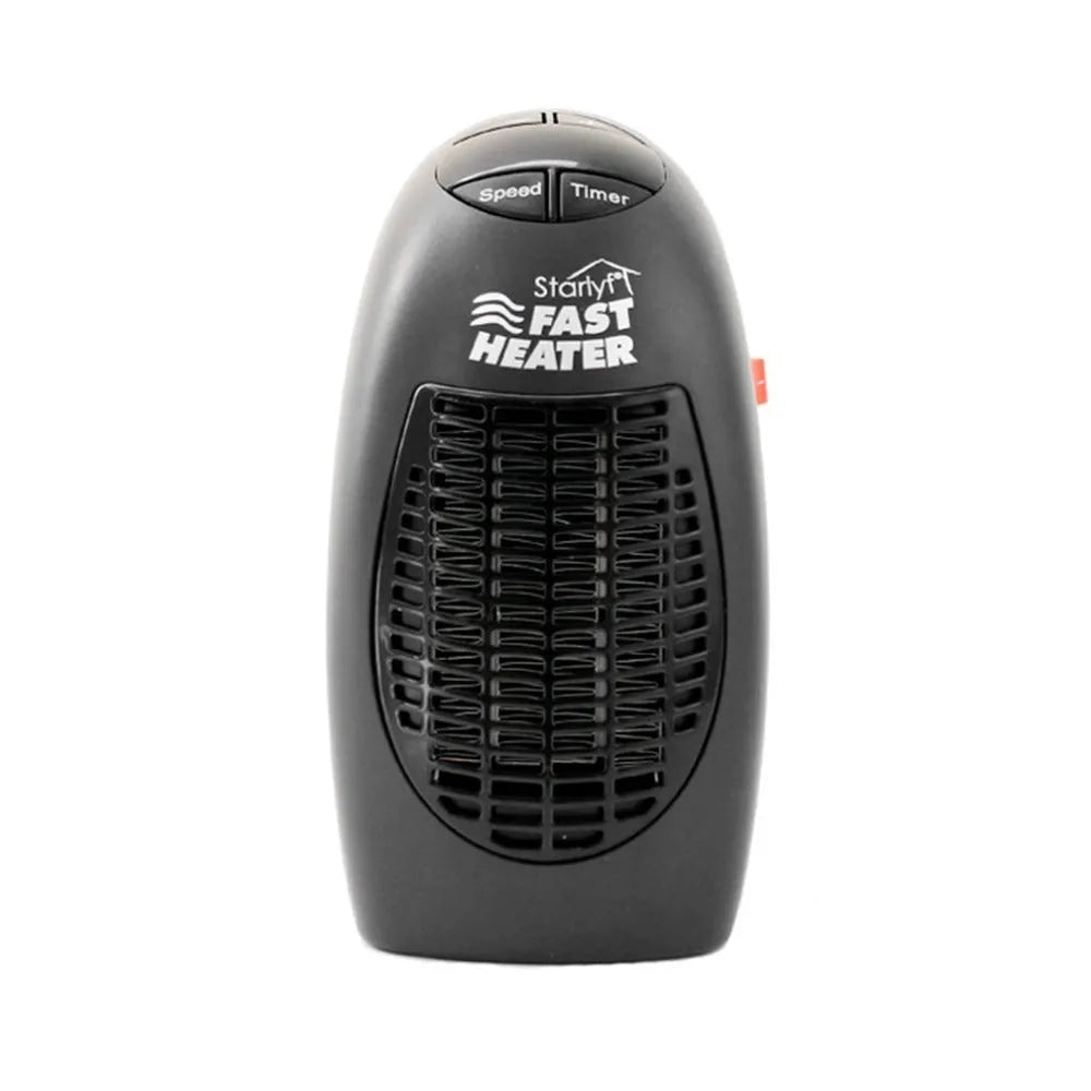 Black compact ceramic electric heater with digital display and a rotating plug on a white background.