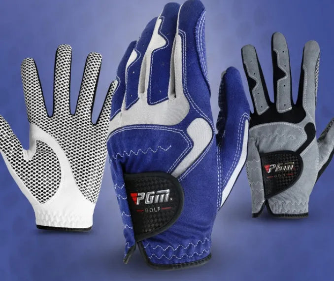 Golf microfiber gloves with anti-skid particles, split finger design in blue, grey and white colours