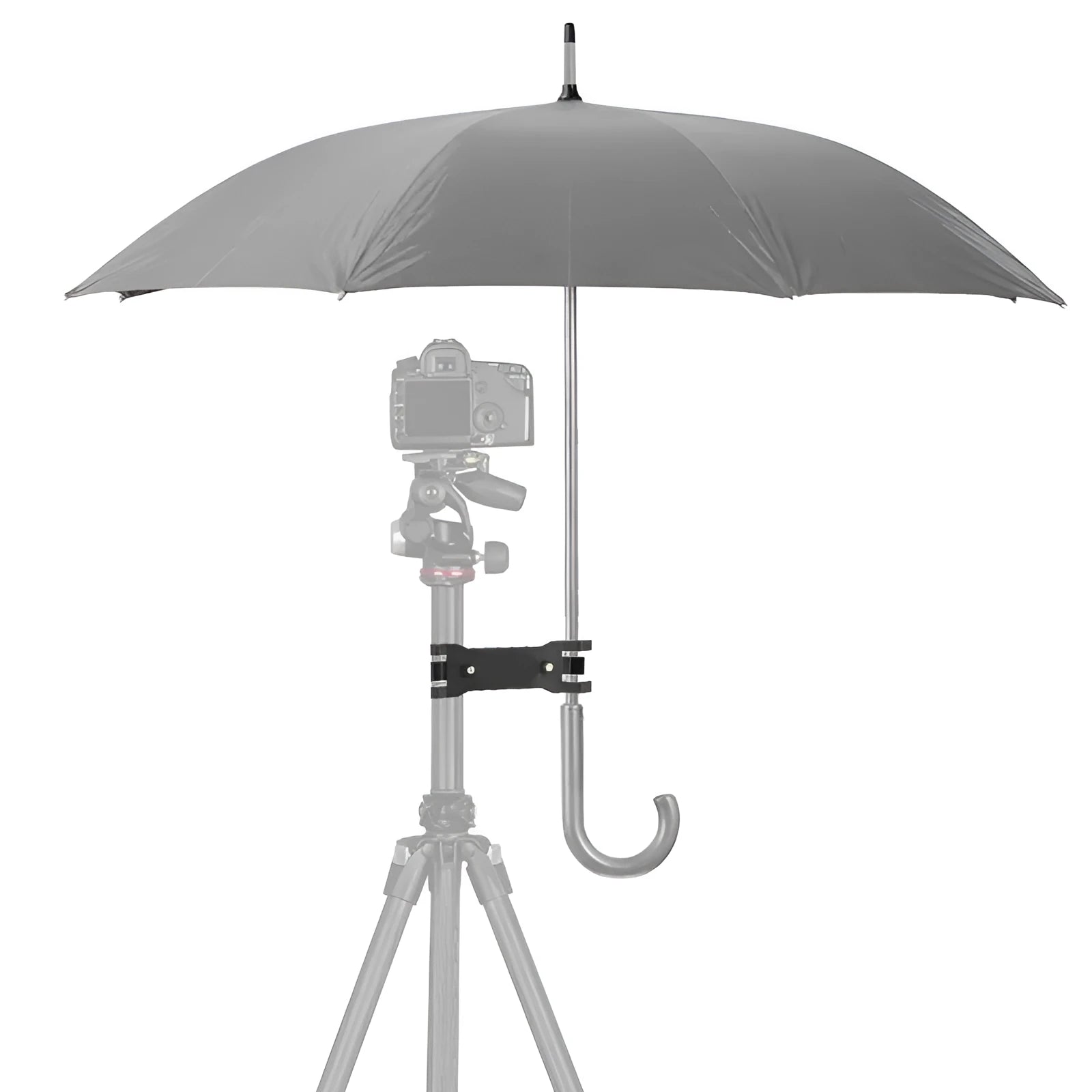 Black plastic umbrella clip attached to a tripod leg, holding a folded umbrella.