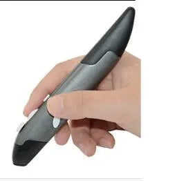 Wireless optical pen mouse in a pen shape with 2.4 GHz USB receiver and support stand, available in Blue, Gray, or Red