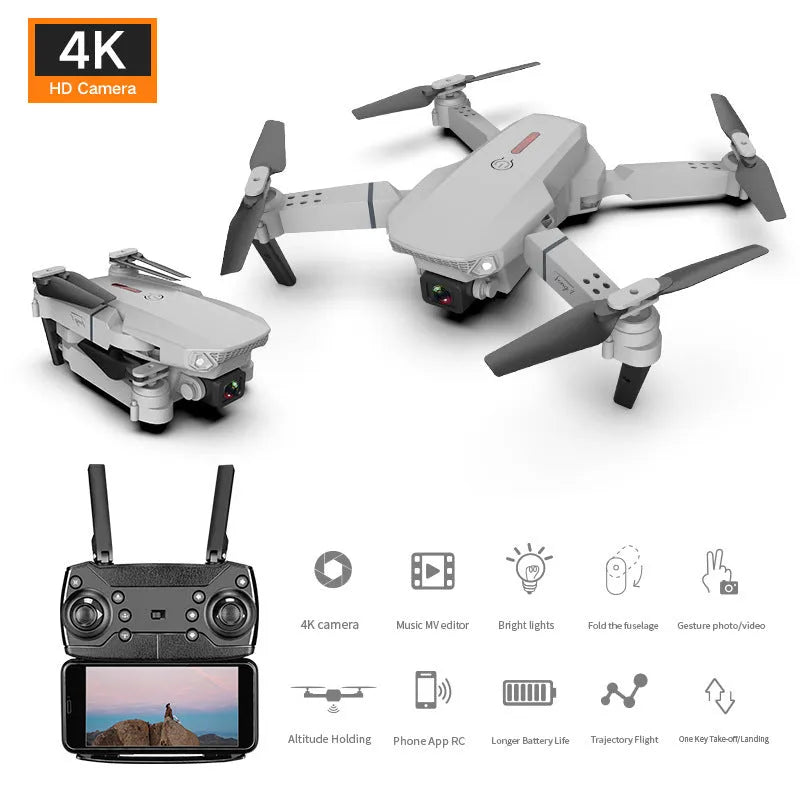 Grey foldable 4K dual camera aerial drone with remote control and carrying case