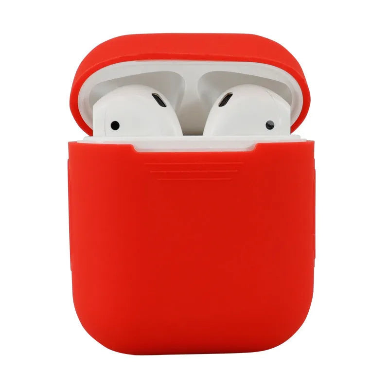 Silicone protective case for Apple AirPods shown in multiple colours, with dimensions 56mm by 47mm.
