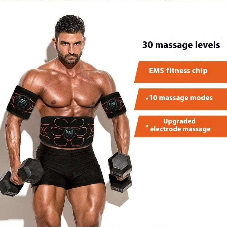 Silicone EMS belly shaping belt with stimulator unit, belt, and hand straps on a white background
