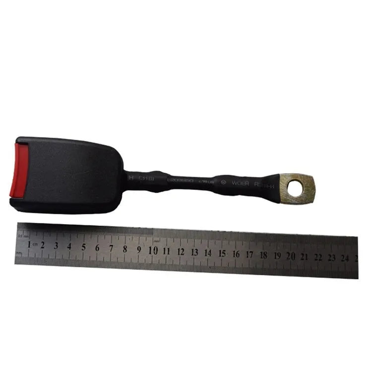 Car seat belt buckle with 20cm steel wire base for 21cm wide vehicle sockets.