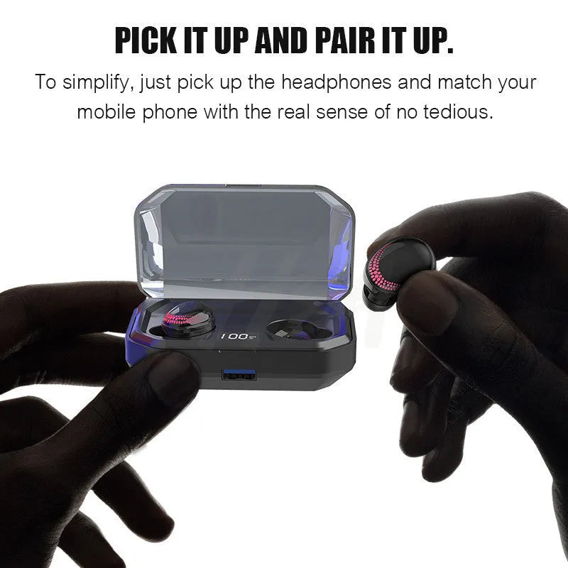 Black X10 Bluetooth wireless headset with its charging case on a dark surface.