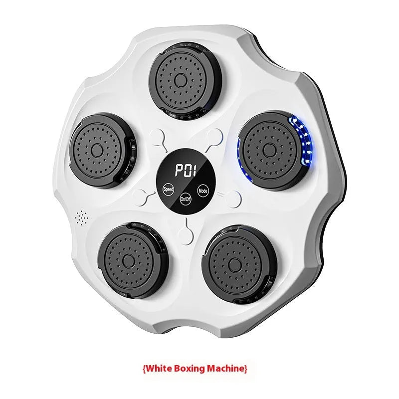Black Bluetooth music boxing wall target hanging on a wall with an adult boxing glove.
