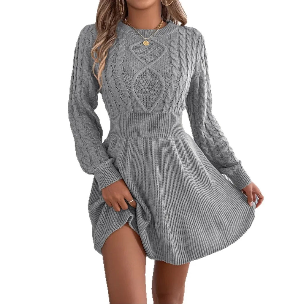 Solid colour sweater dress with lantern sleeves and elastic waist in artificial fur fabric