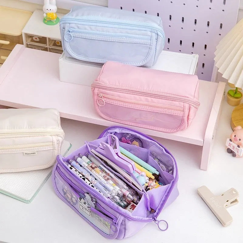Canvas Korean-style pen case with ten-layer flip compartments open, showing internal sections.