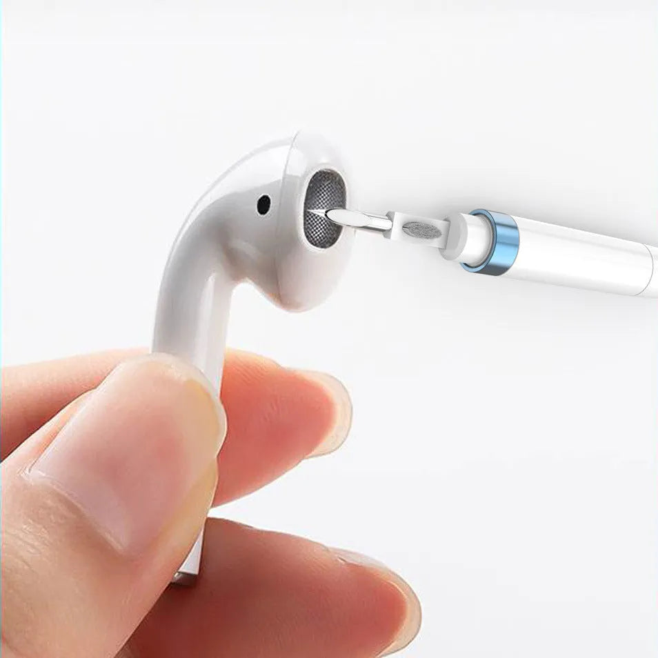 Blue plastic cleaning pen for electronics with metal tip, flocking sponge, and long brush.