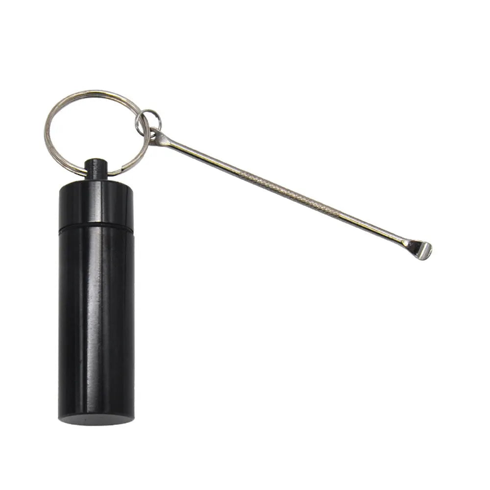 Aluminium pill storage bottle with built-in measuring spoon and keychain attachment in multiple colour options