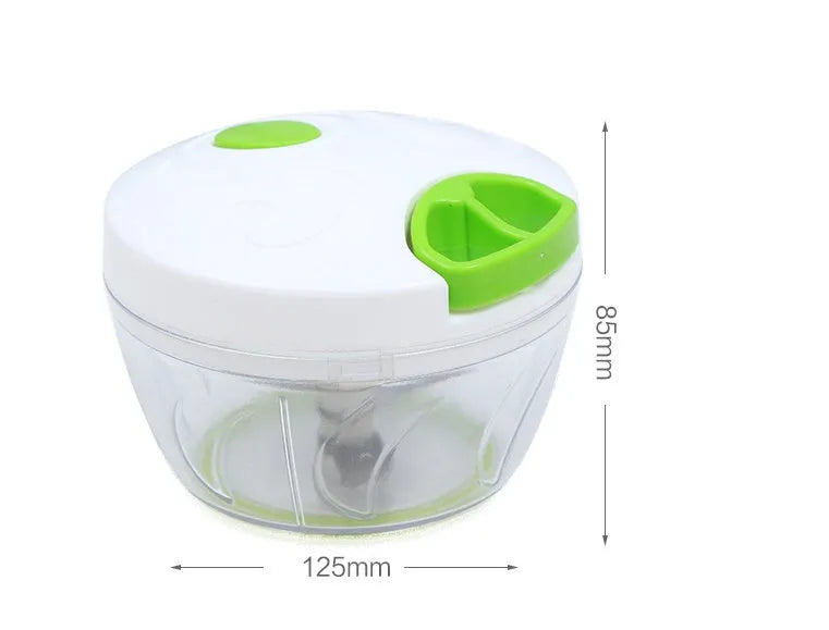 Green manual food chopper with three stainless steel blades and 500ml ABS container