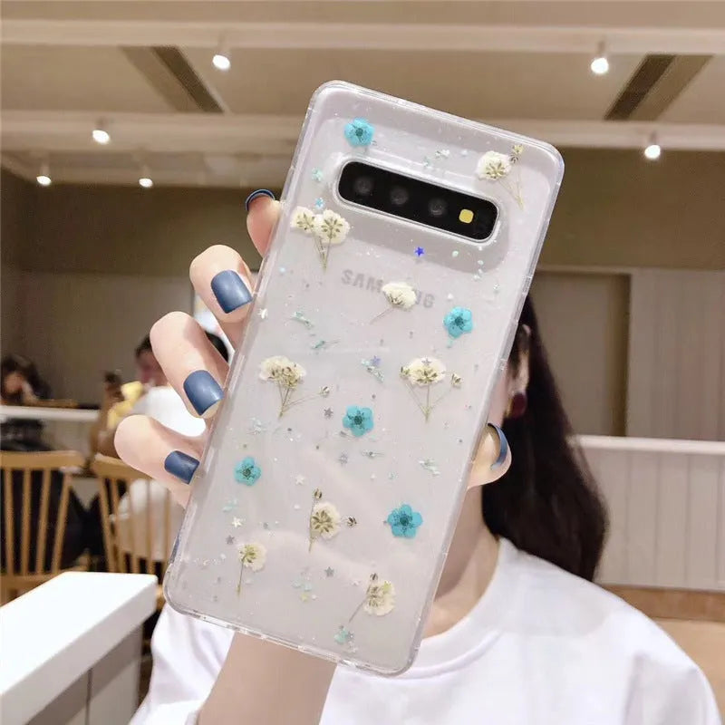 Samsung floral epoxy TPU phone case in blue with floral design for Galaxy S10