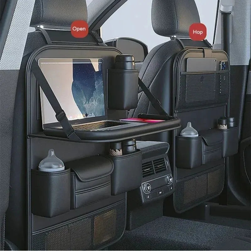 Black PU leather car seat storage bag with foldable table tray attached to a car back seat