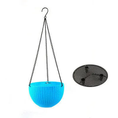 Injection moulded plastic hanging basket with chain in one of seven colour options