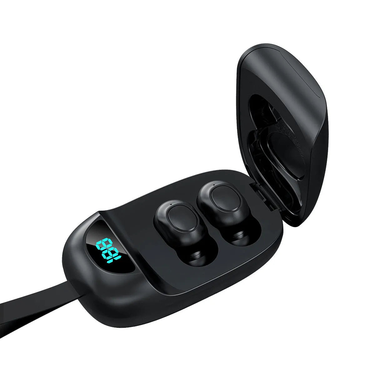 Black JS25 true wireless Bluetooth headphones with charging case, showing touch controls.