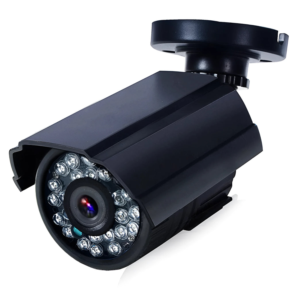 Black AHD HD waterproof outdoor security camera with fixed lens on mounting bracket.