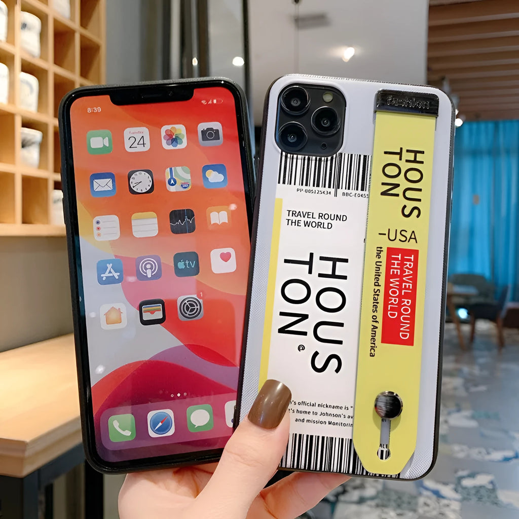 Apple iPhone mobile phone case with wristband in red, violet, or yellow colours