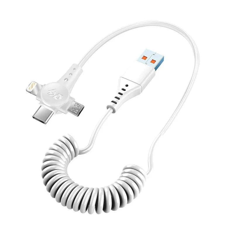 Black telescopic spring data cable with Lightning, Micro USB, and USB Type-C connectors extended to full length.